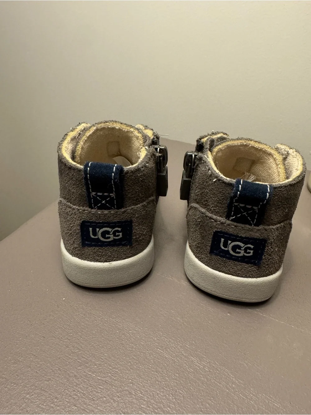 UGG Baby/Toddler Suede Ankle Boots in Gray with Navy Laces